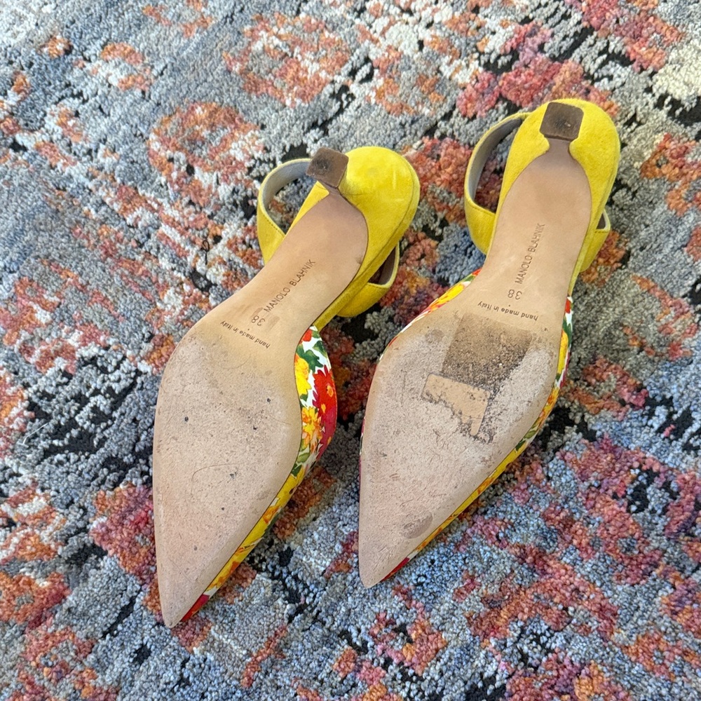 Manolo Blahnik Red and Yellow Floral Heels - Picture 2 of 2